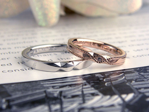 ミル打ちとひし形の手作り結婚指輪