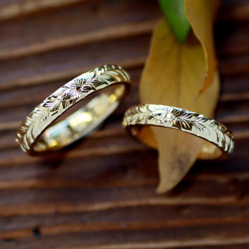ハワイアンリーフ彫刻の手作り結婚指輪