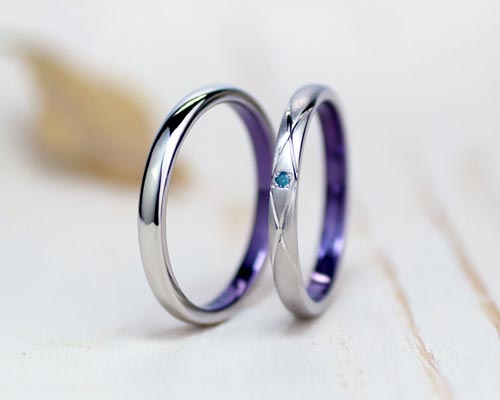 紫コーティングでキルティング模様の手作り結婚指輪