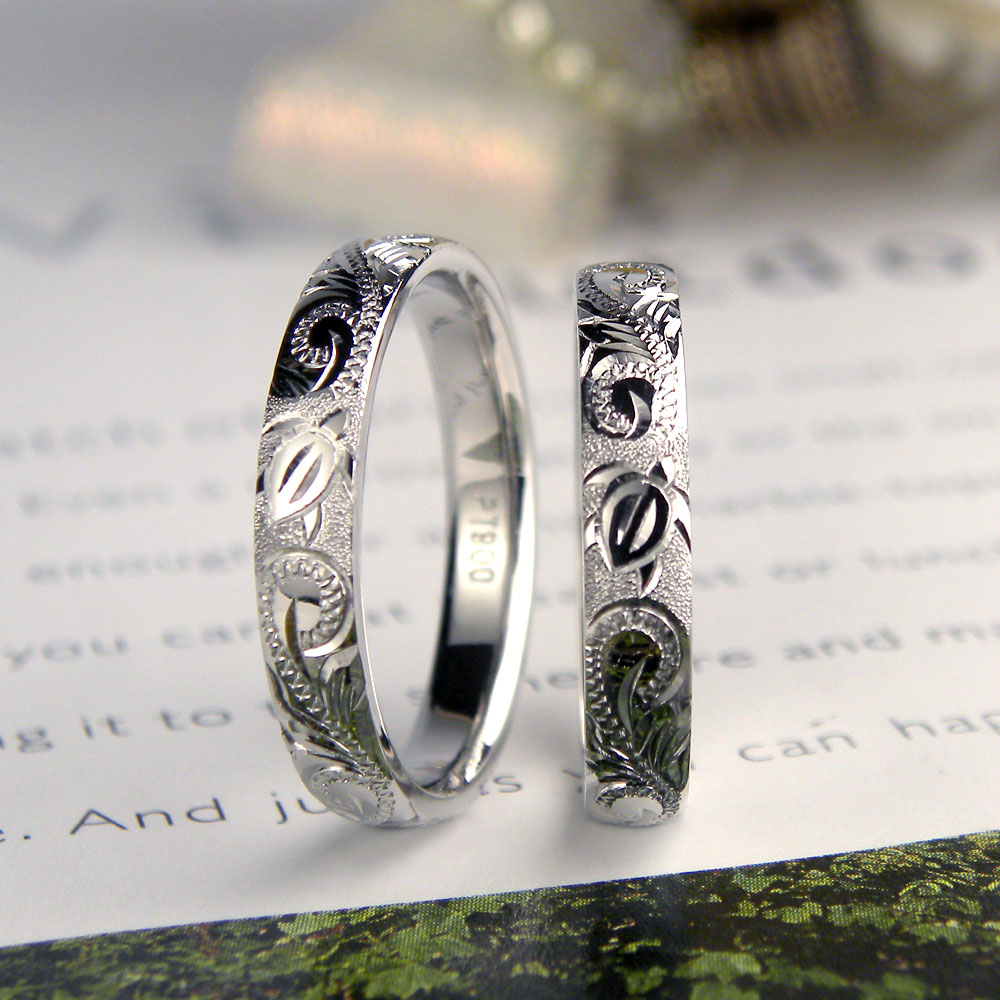 ホヌを入れたハワイアン彫刻の手作り結婚指輪