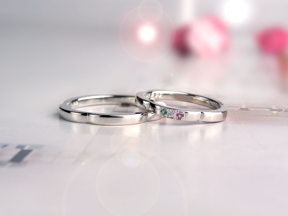 エメラルド、ダイヤ、ピンクトルマリン手作り結婚指輪
