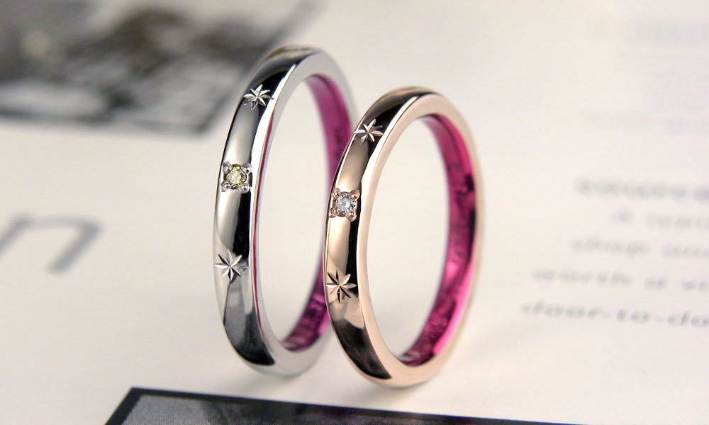 内側ピンクカラーの手作り結婚指輪