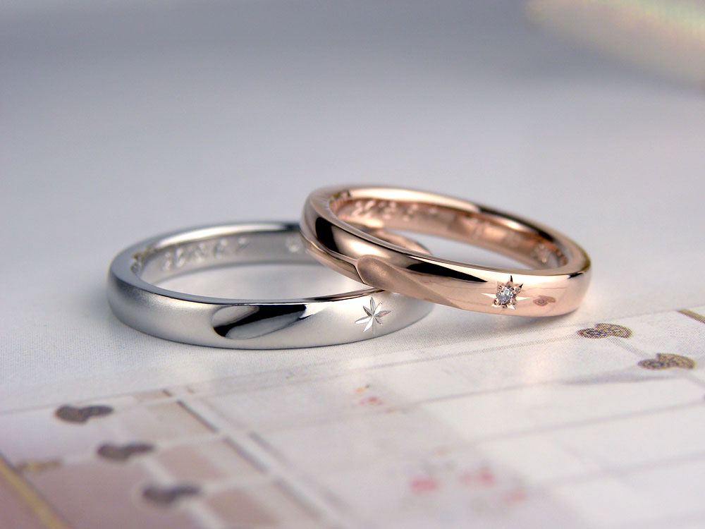 光の彫刻でダイヤを強調した手作り結婚指輪
