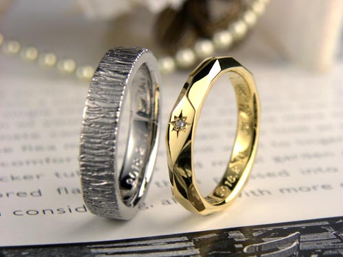 イエローゴールドとプラチナで模様を入れた結婚指輪